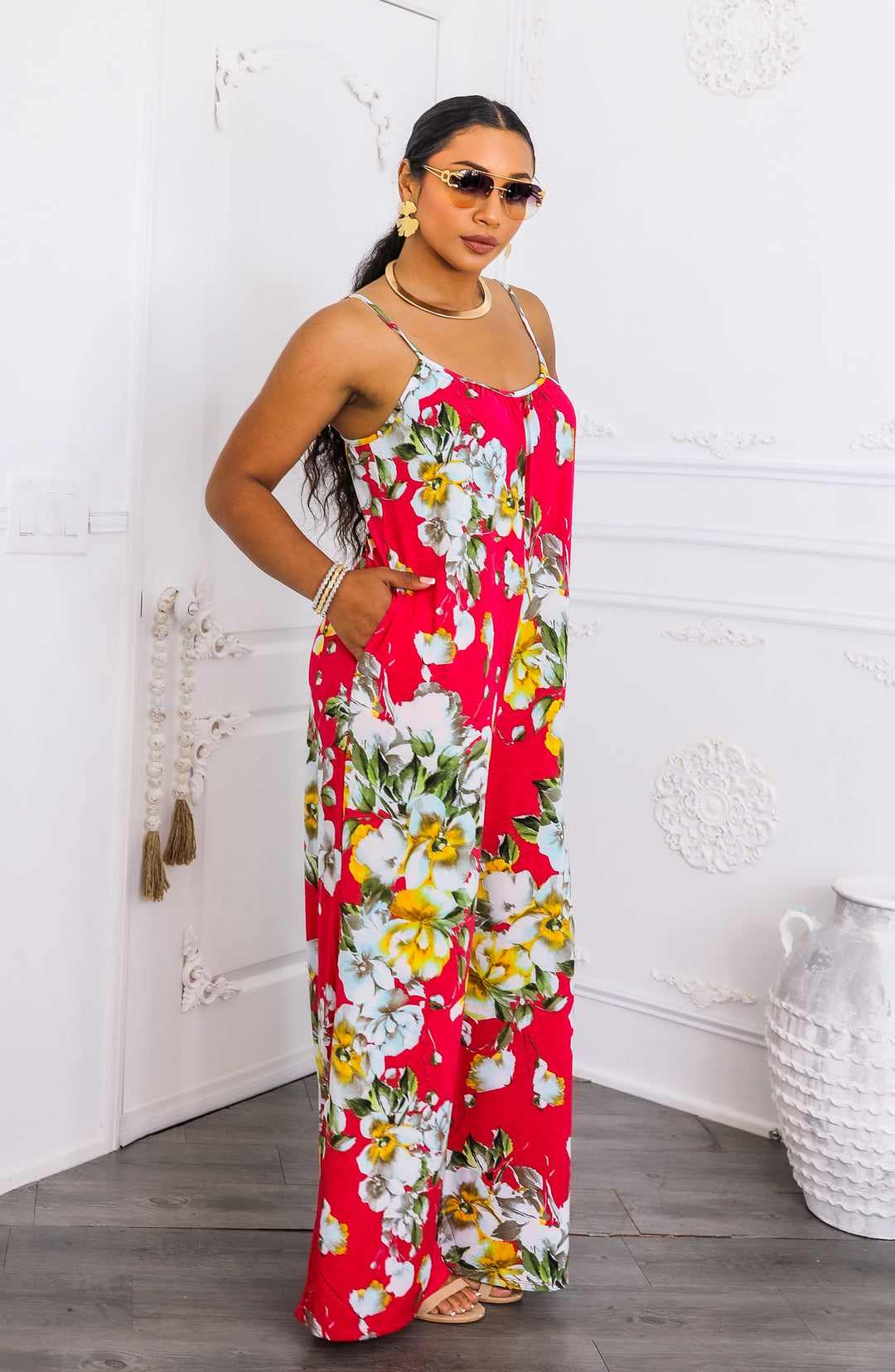 Red Tropical Floral Jumpsuit – Wide-Leg