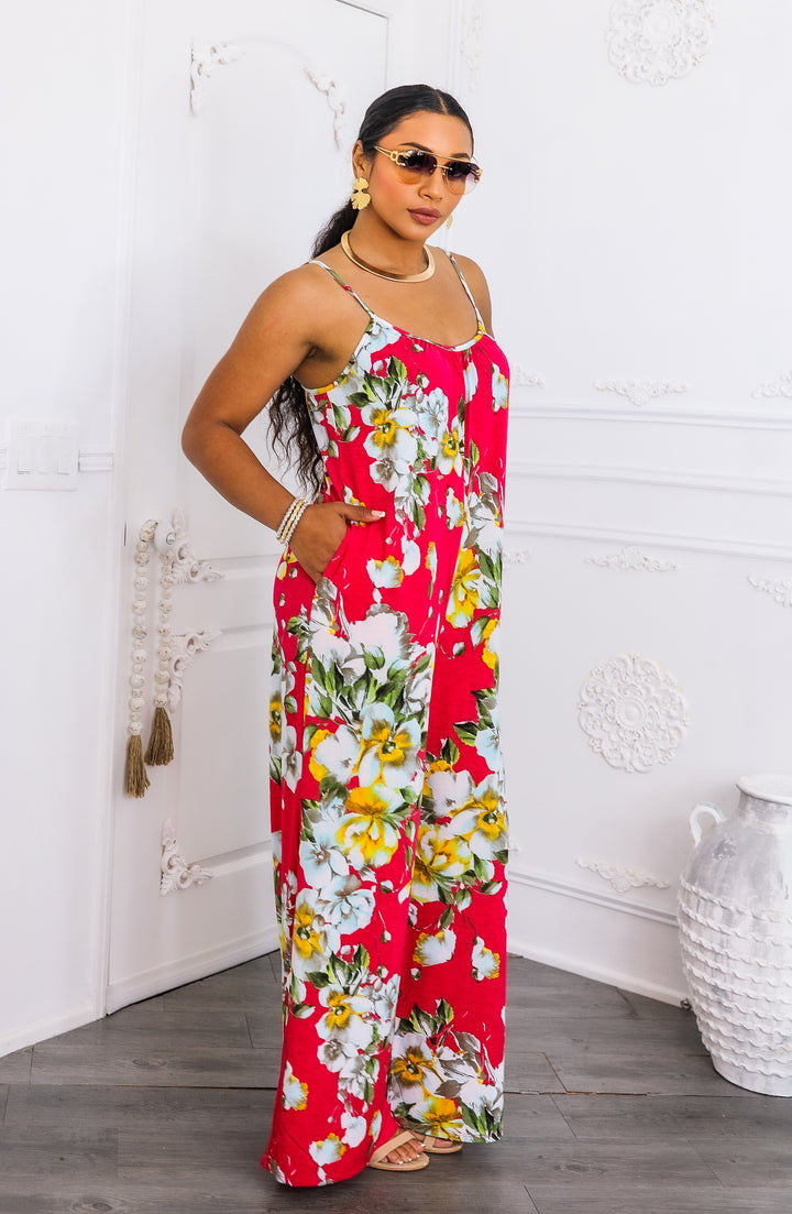 Red Tropical Floral Jumpsuit – Wide-Leg