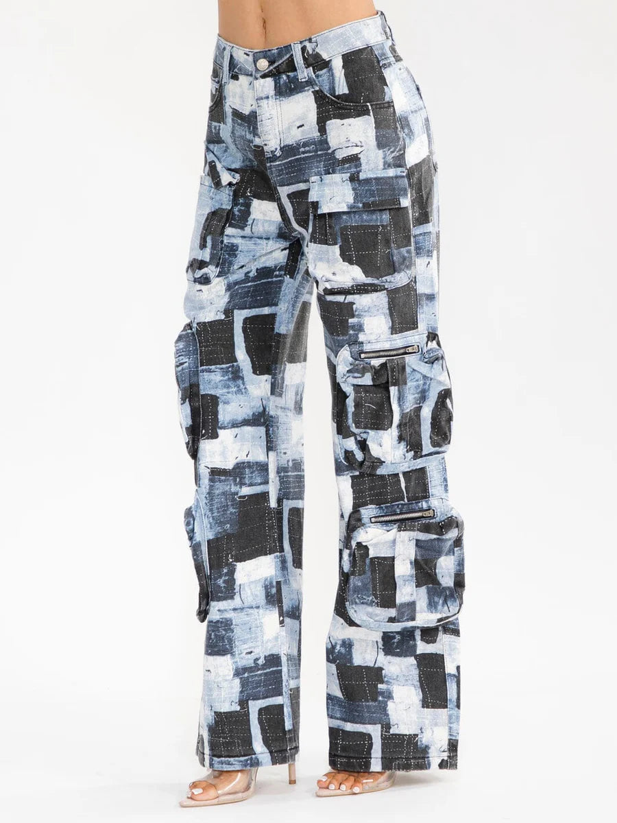 Denim Patchwork Cargo Jeans | Abstract Print Multi-Pocket Wide Leg Jeans