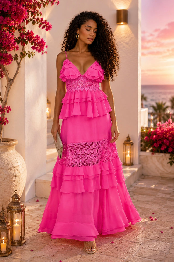 Malibu Sunset Lace Ruffle Maxi Dress