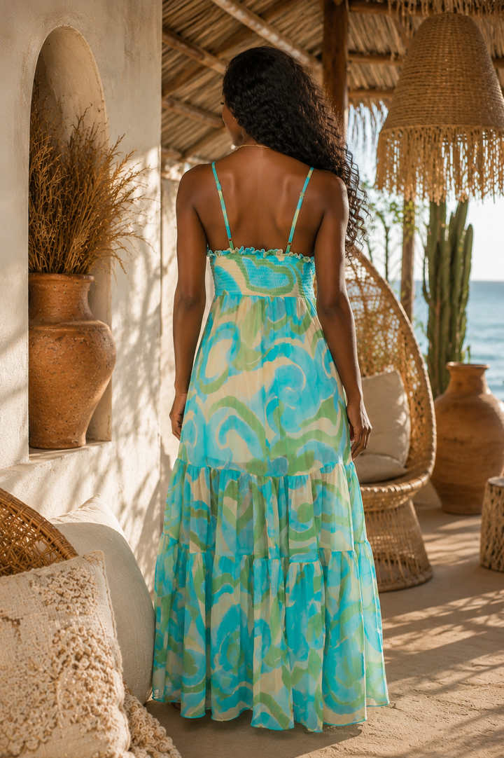 Tropical Tide Teal Printed Maxi Dress
