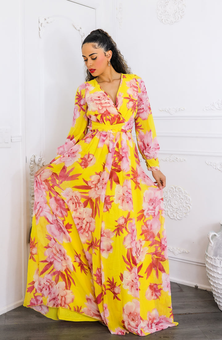 Sunset Bloom Maxi Dress – Yellow & Pink Floral Wrap Dress