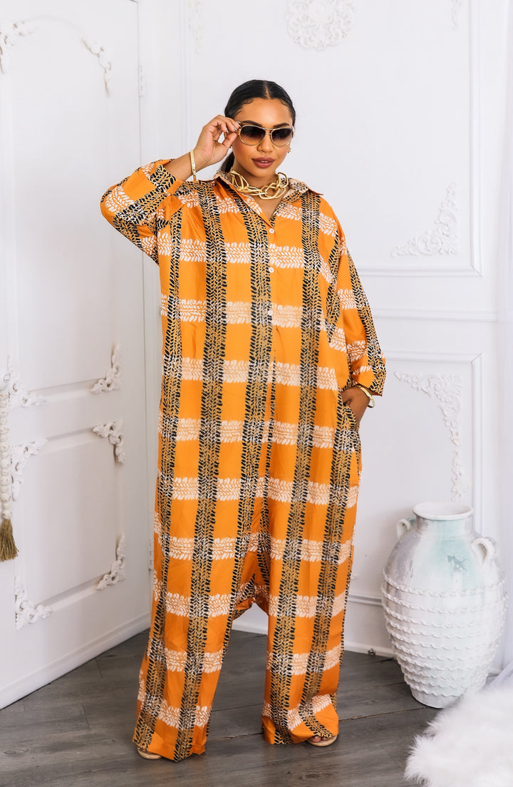 Oversized Orange Tribal Print Button-Up Kimono Jumpsuit