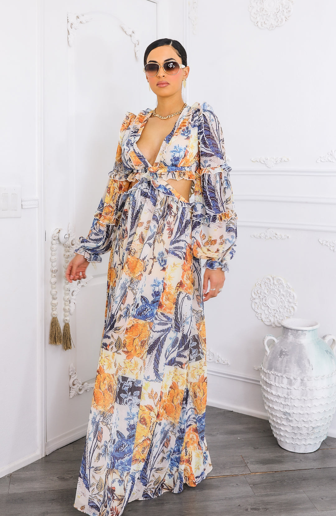 Boho Cream Floral Cutout Lace-Up Maxi Dress