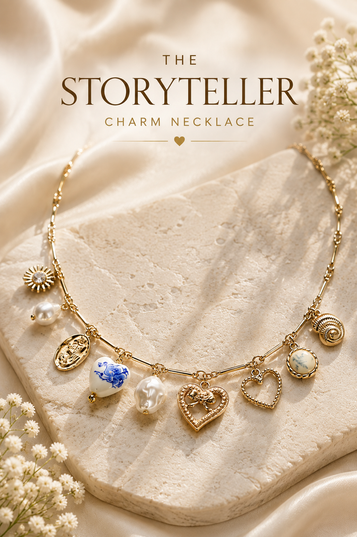 The Storyteller Charm Necklace – Vintage Gold Heart & Pearl