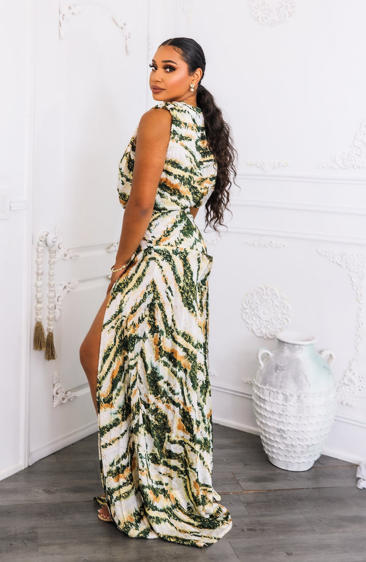 Abstract Print Maxi Dress – Plunge Wrap Front with Slit