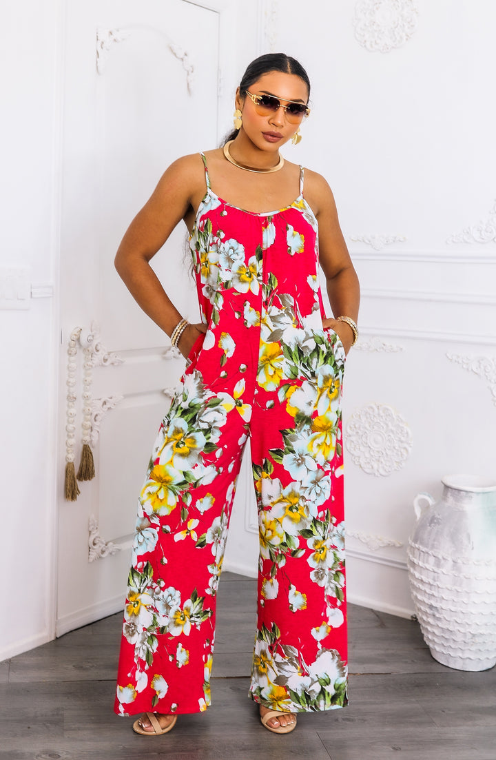 Red Tropical Floral Jumpsuit – Wide-Leg