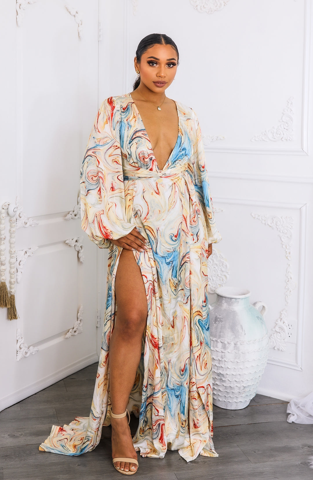 Marble Swirl Kimono Maxi Dress with Slits – Boho Resort Style