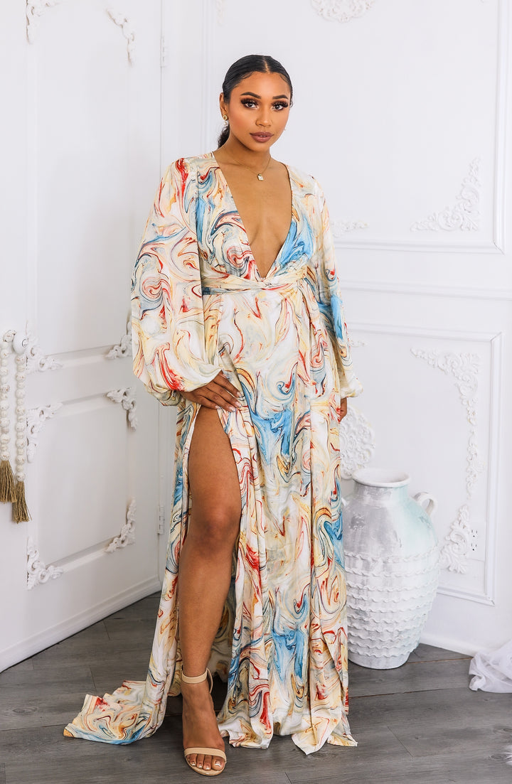 Marble Swirl Kimono Maxi Dress with Slits – Boho Resort Style
