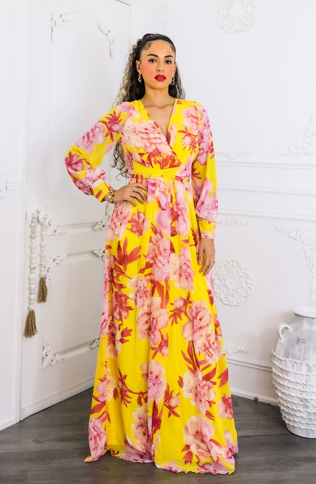 Sunset Bloom Maxi Dress – Yellow & Pink Floral Wrap Dress