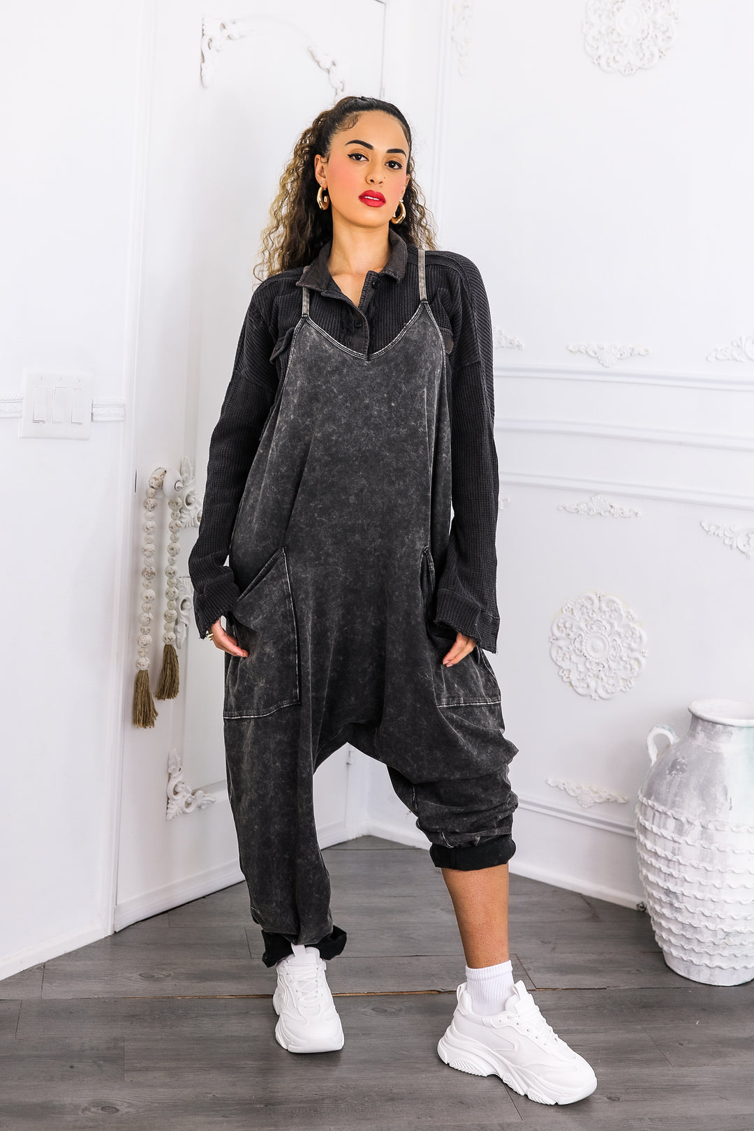 Mineral Wash Jumpsuit – Relaxed Fit Pocket Overalls Black