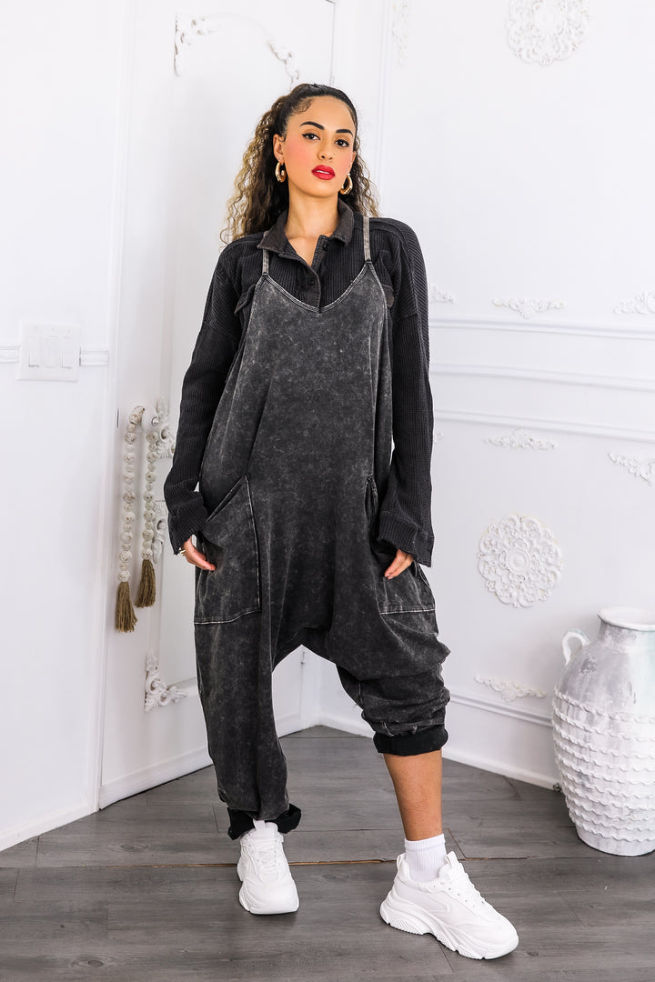 Mineral Wash Jumpsuit – Relaxed Fit Pocket Overalls Black