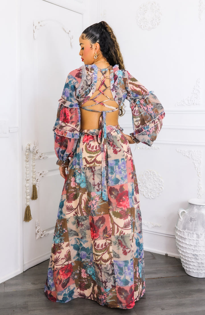 Patchwork Floral Maxi Dress – Plunge Ruffle Cutout Style
