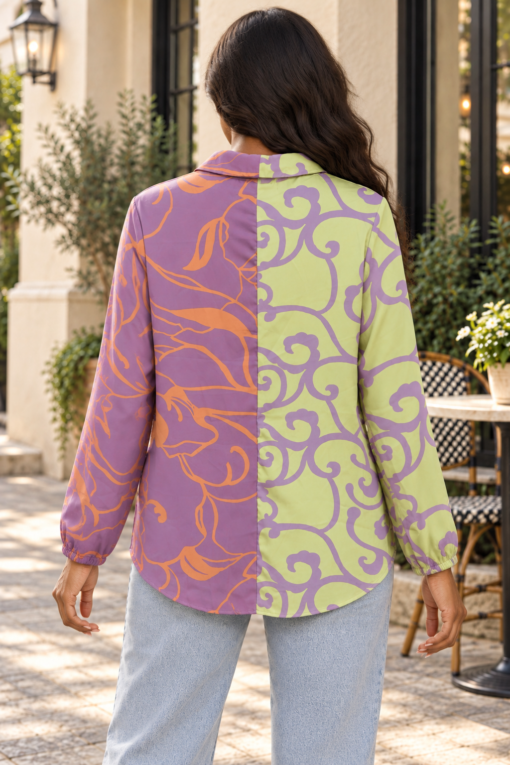 Color Block Button Down Blouse – Purple Lime Balloon Sleeve