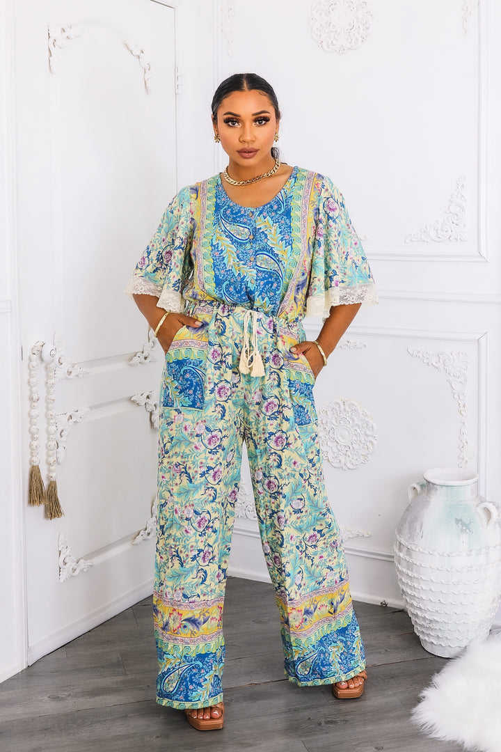 Boho Floral Print Jumpsuit with Lace Trim Sleeves