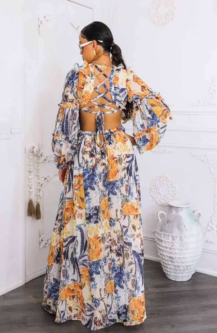 Boho Cream Floral Cutout Lace-Up Maxi Dress