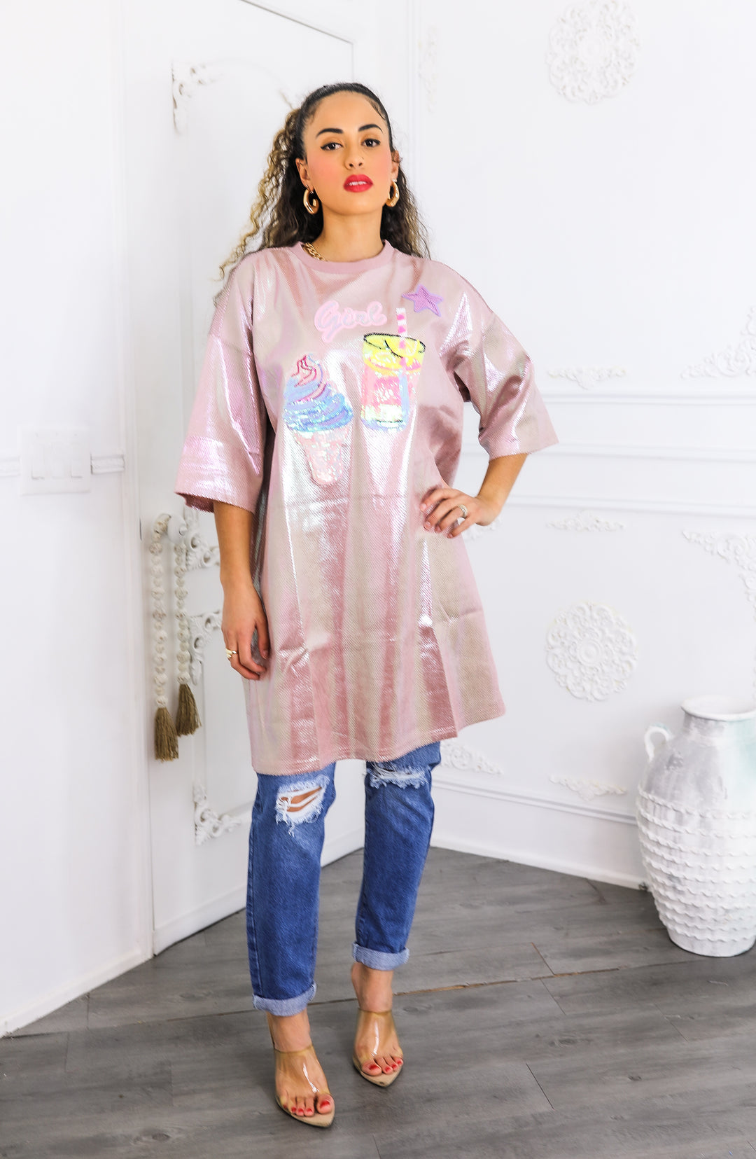 Holographic Pink Oversized Tunic Tee – “Girl” Graphic Shine