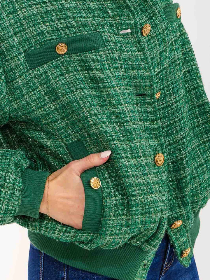 LONG SLEEVE BUTTON CLOSURE POCKETS TWEED SHIMMER JACKET