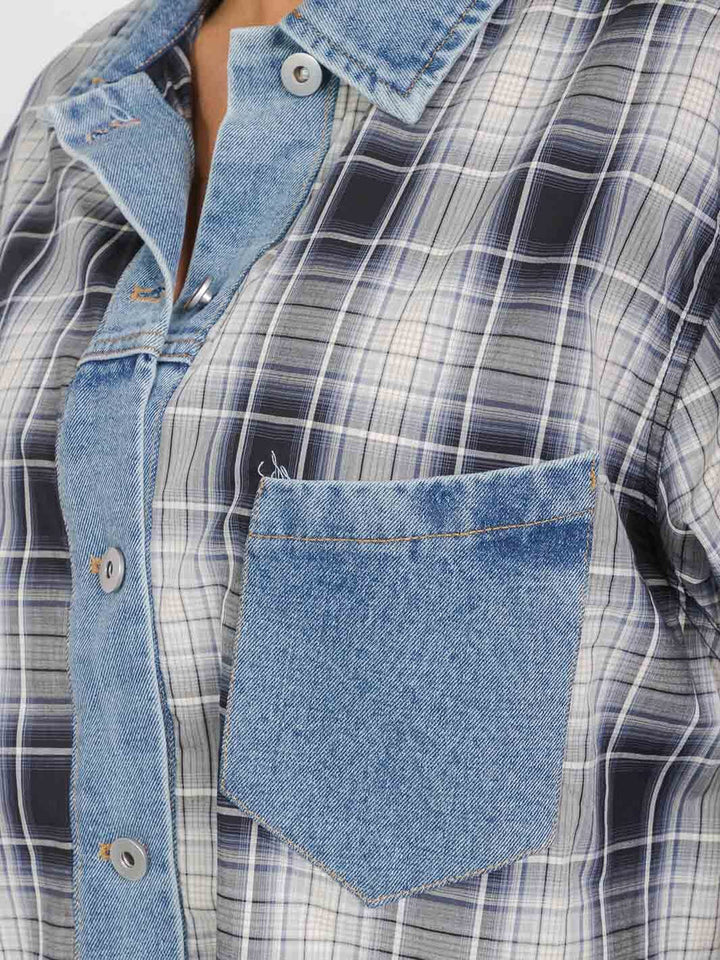 Denim Contrast Plaid Shacket for Women | Oversized Button-Up Shirt