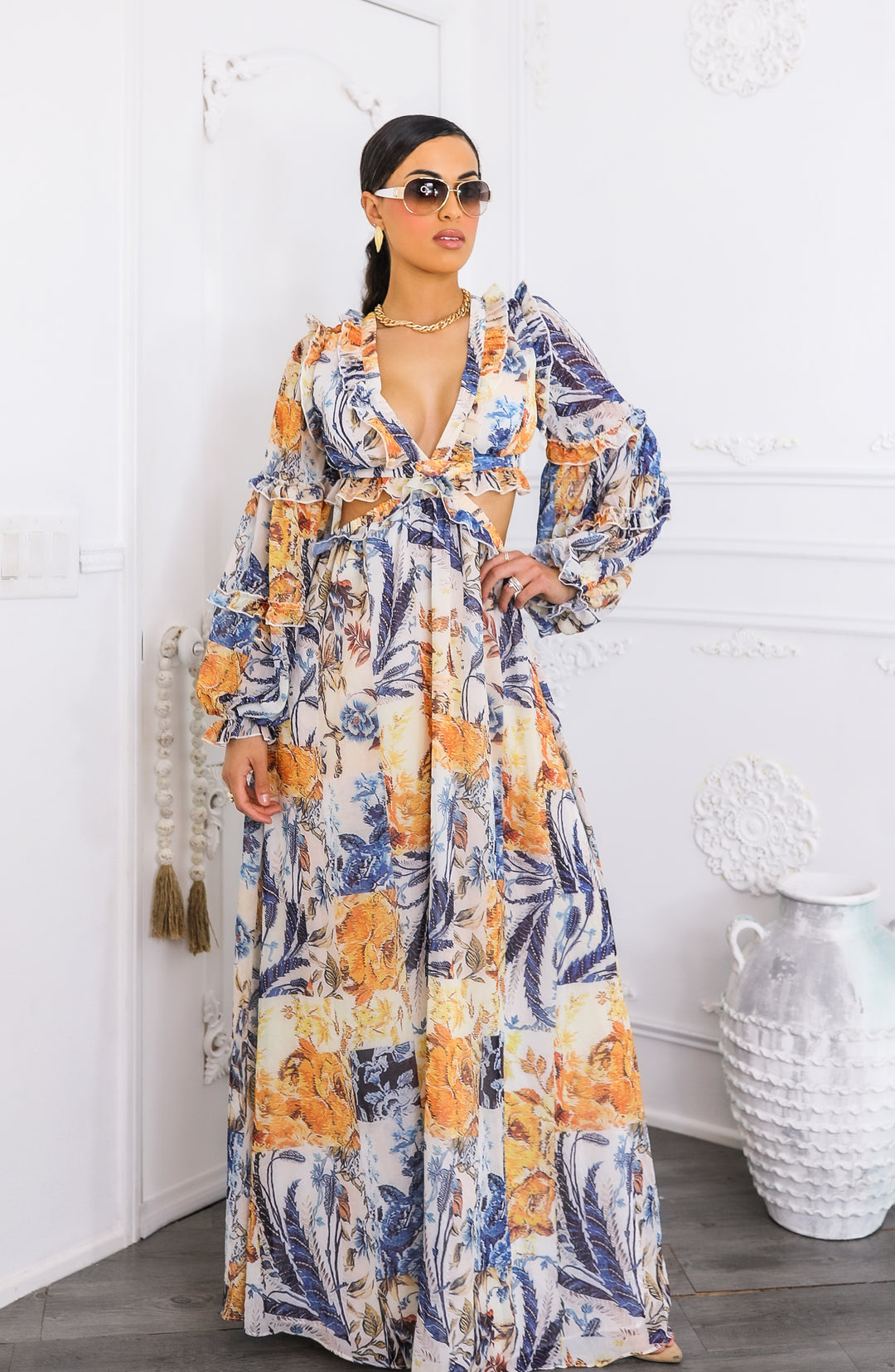 Boho Cream Floral Cutout Lace-Up Maxi Dress