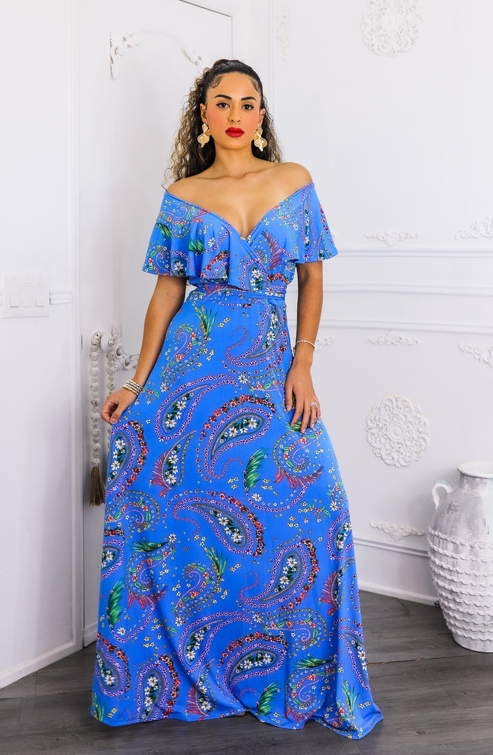 Blue Paisley On or Off-Shoulder Maxi Dress