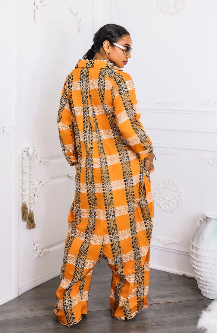 Oversized Orange Tribal Print Button-Up Kimono Jumpsuit