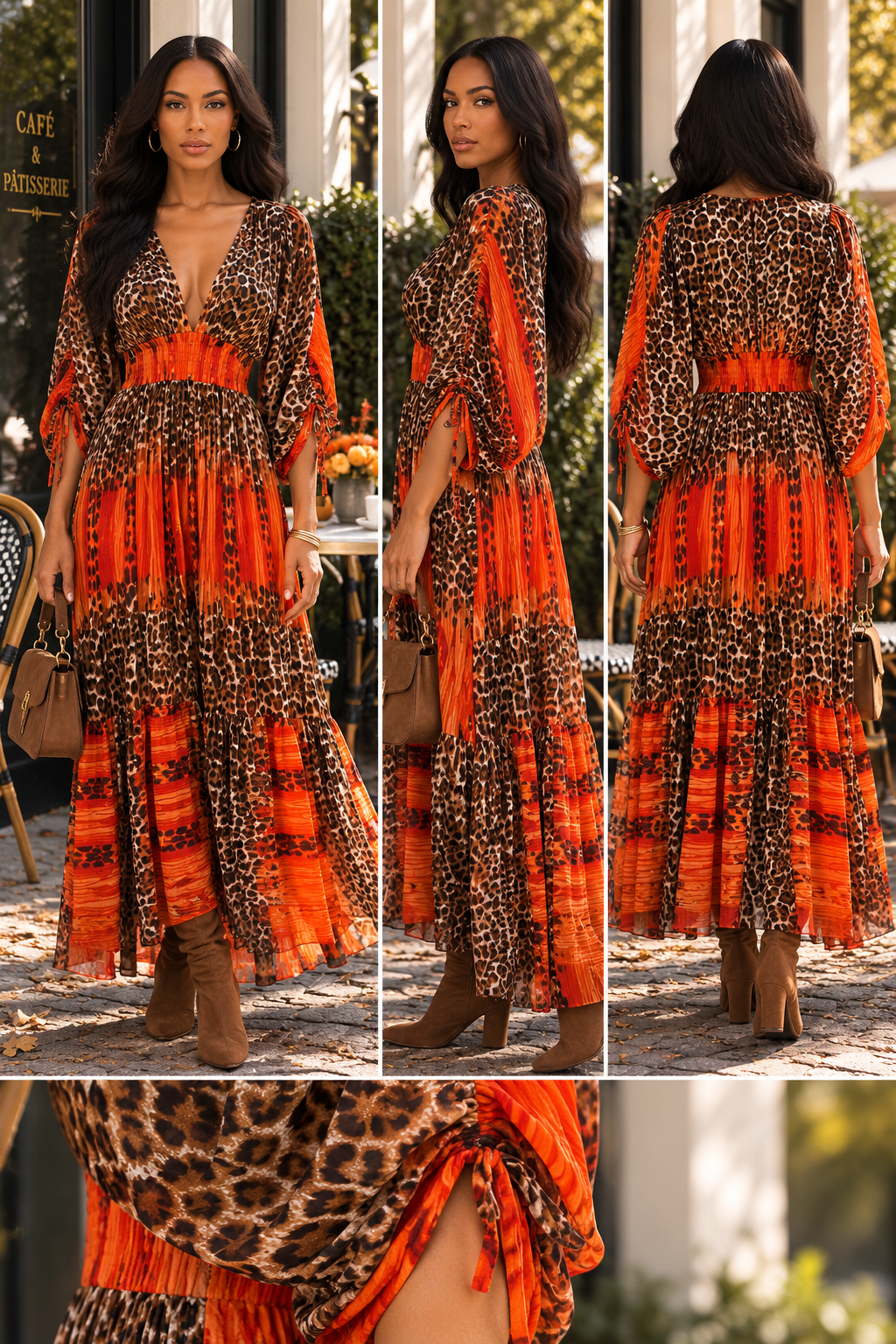 Rust Animal Print Dolman Sleeve Maxi Dress | Convertible Long-to-Sleeveless Tiered Dress