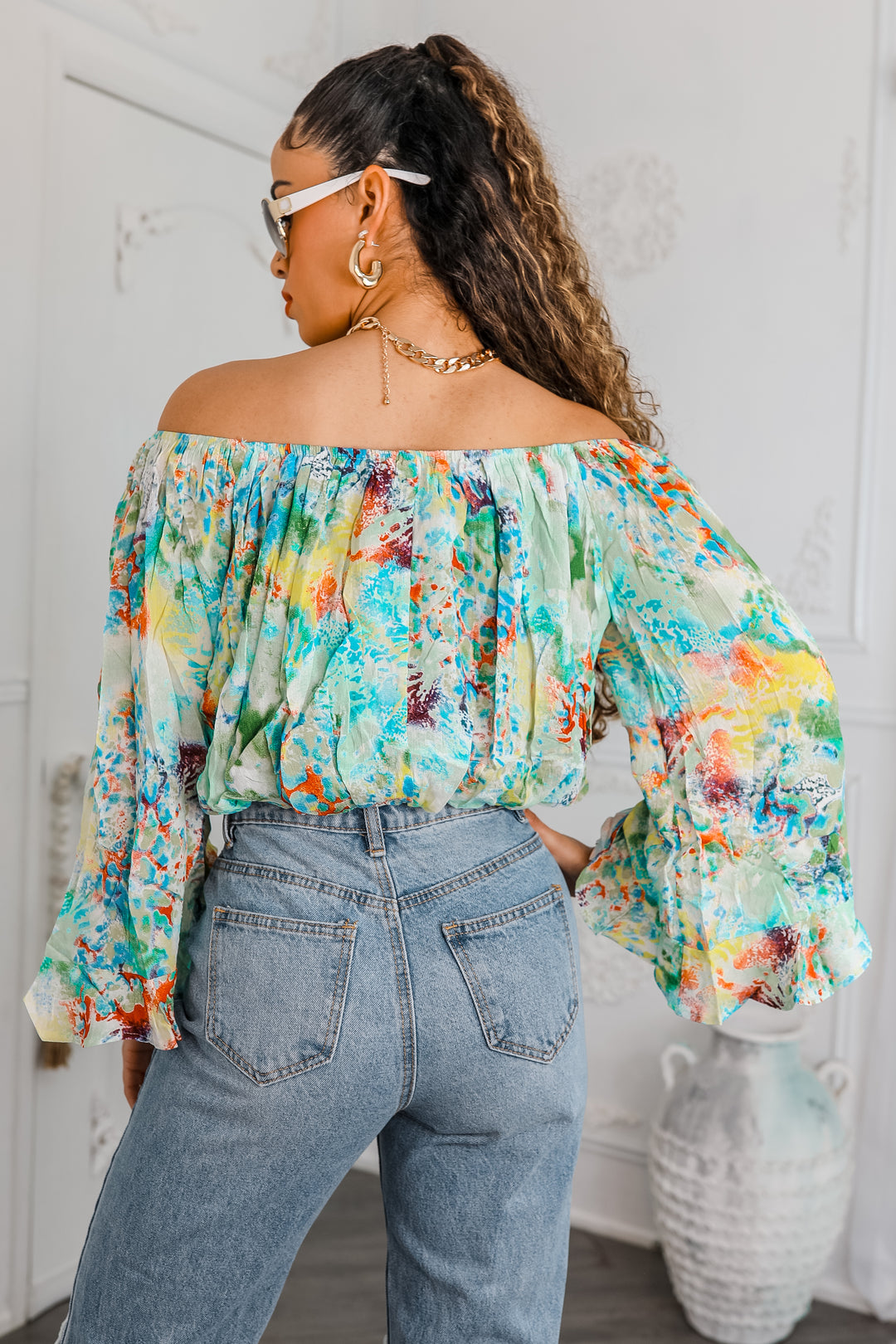 Whimsical Garden Off-Shoulder Chiffon Blouse