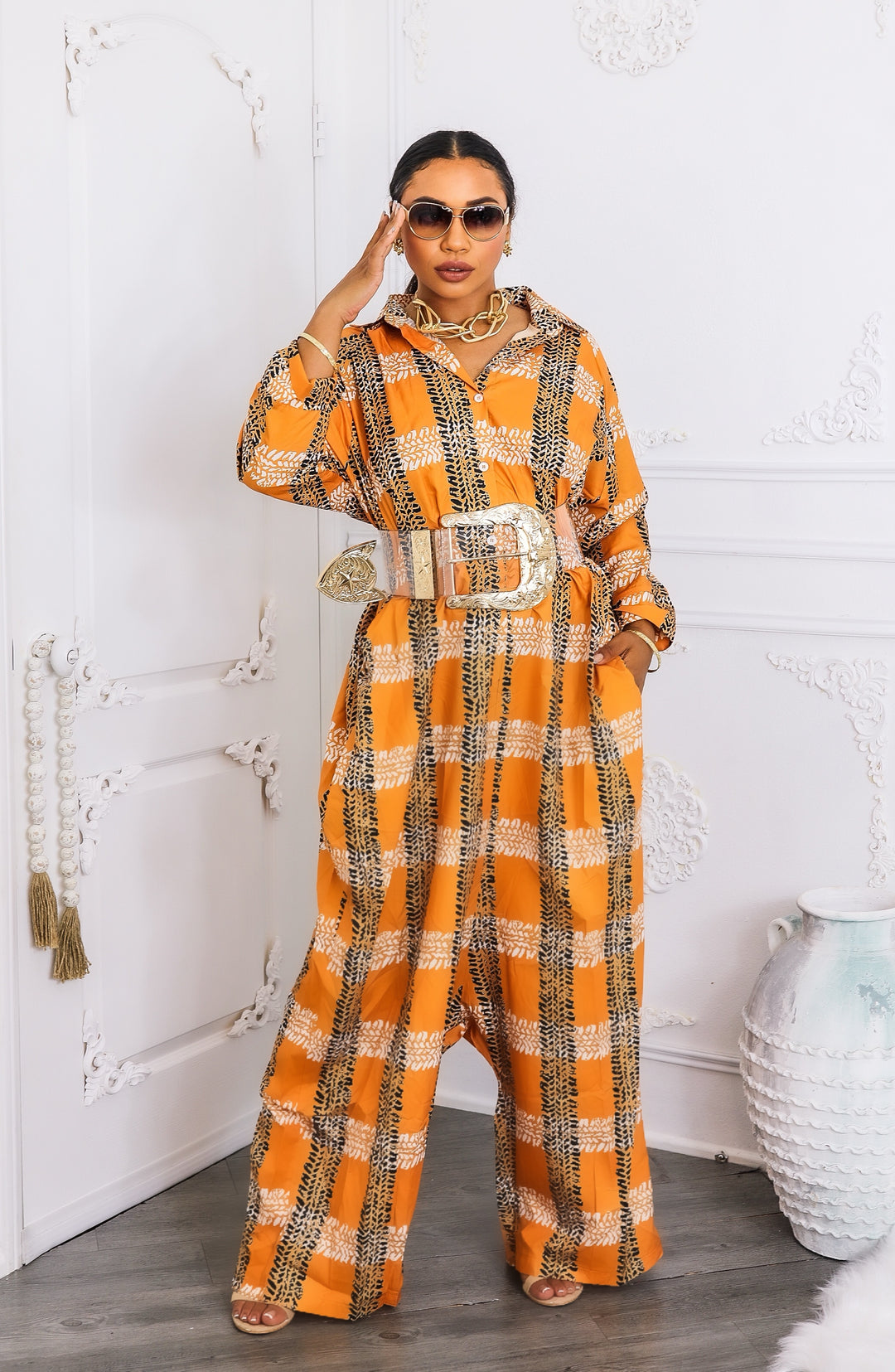 Oversized Orange Tribal Print Button-Up Kimono Jumpsuit