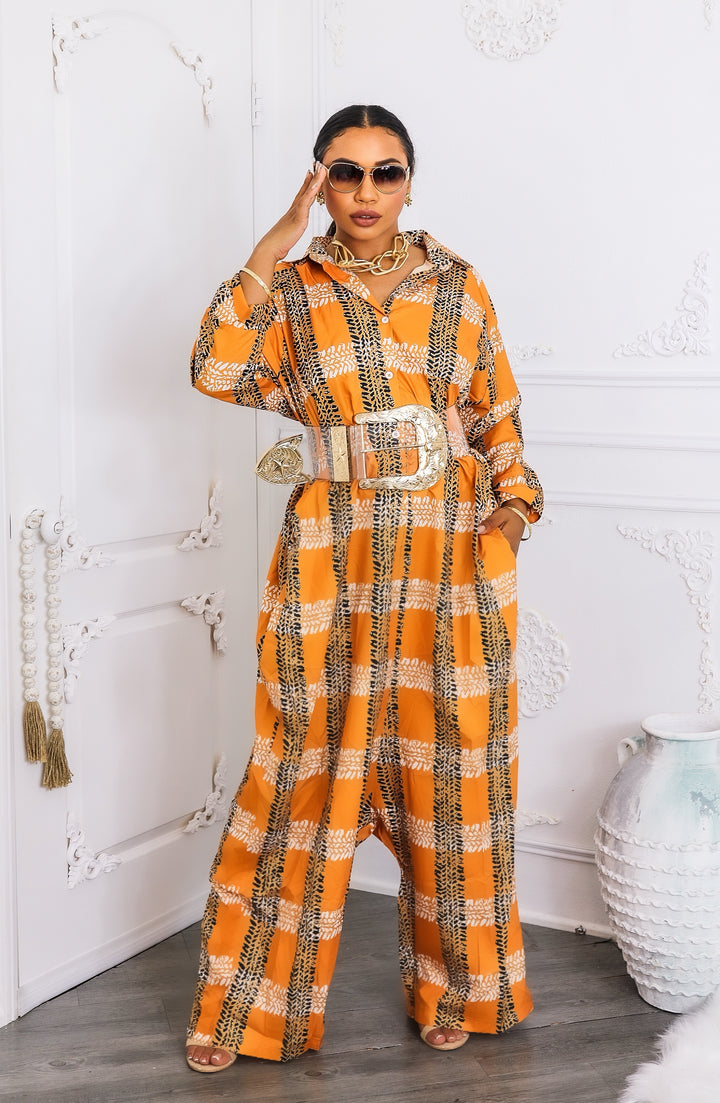 Oversized Orange Tribal Print Button-Up Kimono Jumpsuit