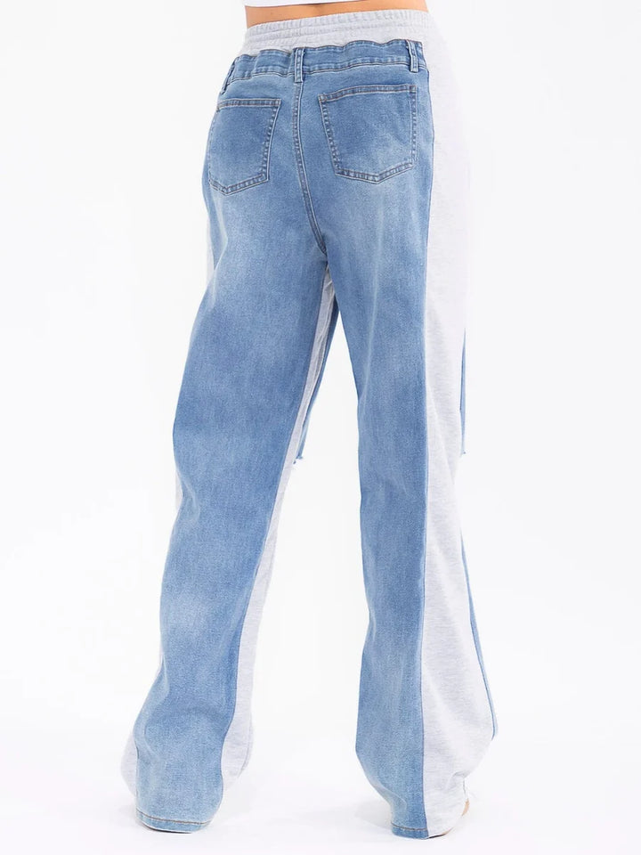 Colorblock Denim & Sweatpant Hybrid Wide-Leg Pants – Blue/Gray
