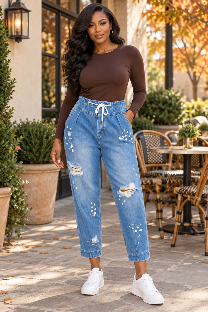 Paperbag Waist Jeans – Medium Wash Distressed Paint Splatter