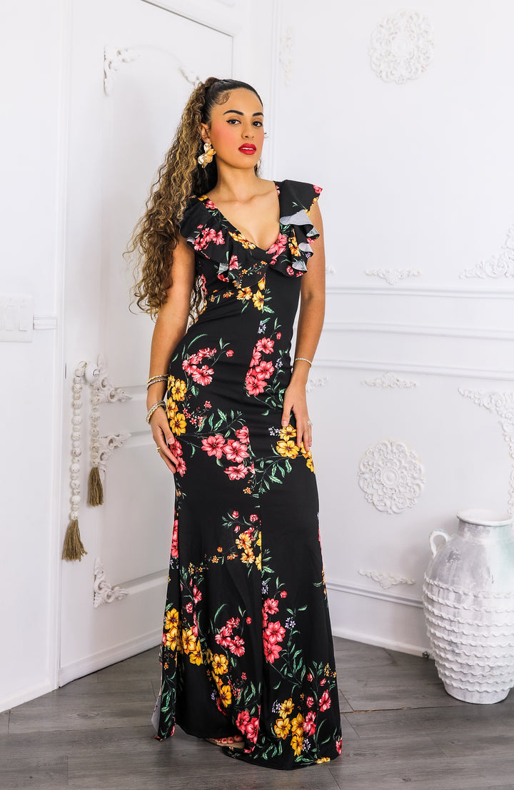 Two-Way Black Floral Ruffle Maxi Dress | SurelyMine