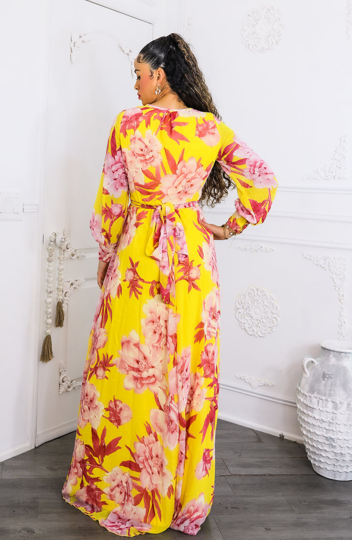 Sunset Bloom Maxi Dress – Yellow & Pink Floral Wrap Dress