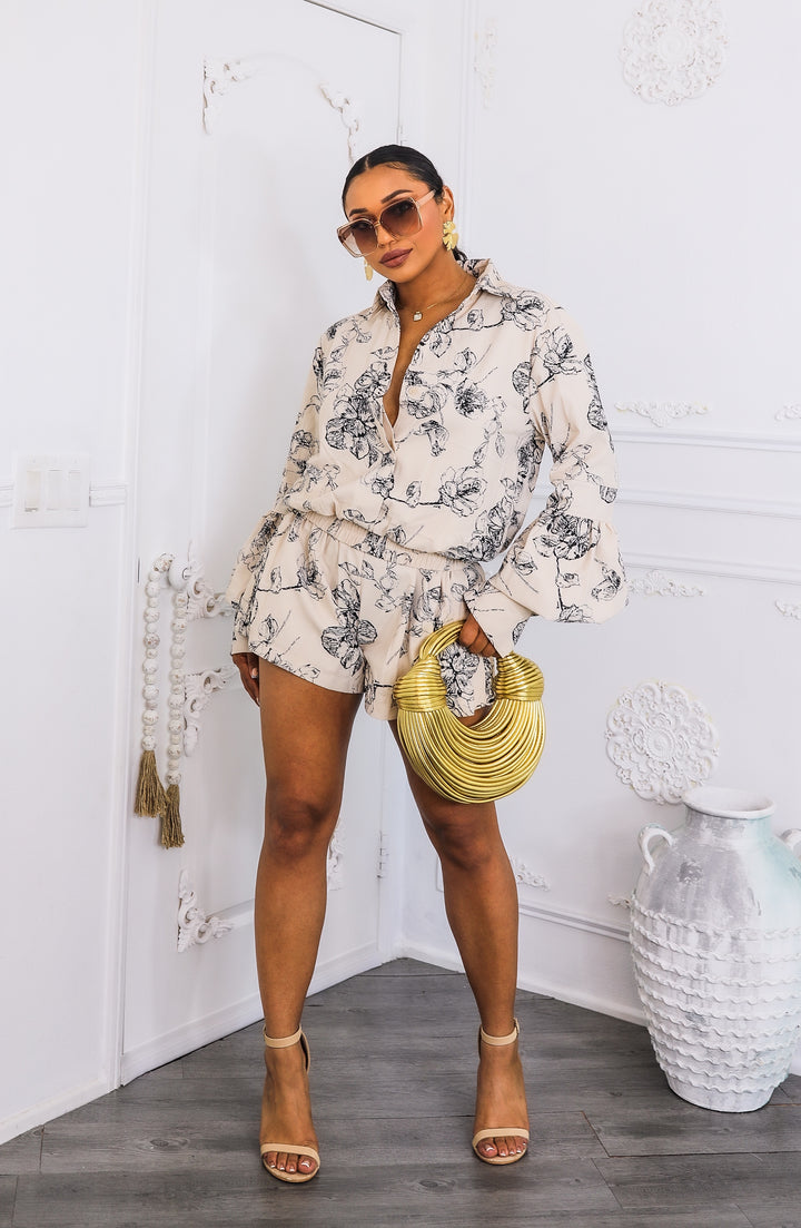Soft Sketch Floral Romper with Bubble Sleeves