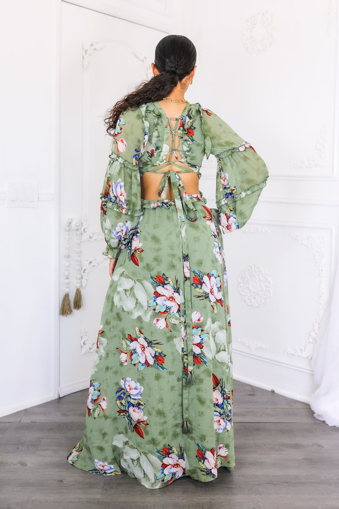 Resort Floral Bubble Sleeves Maxi Dress