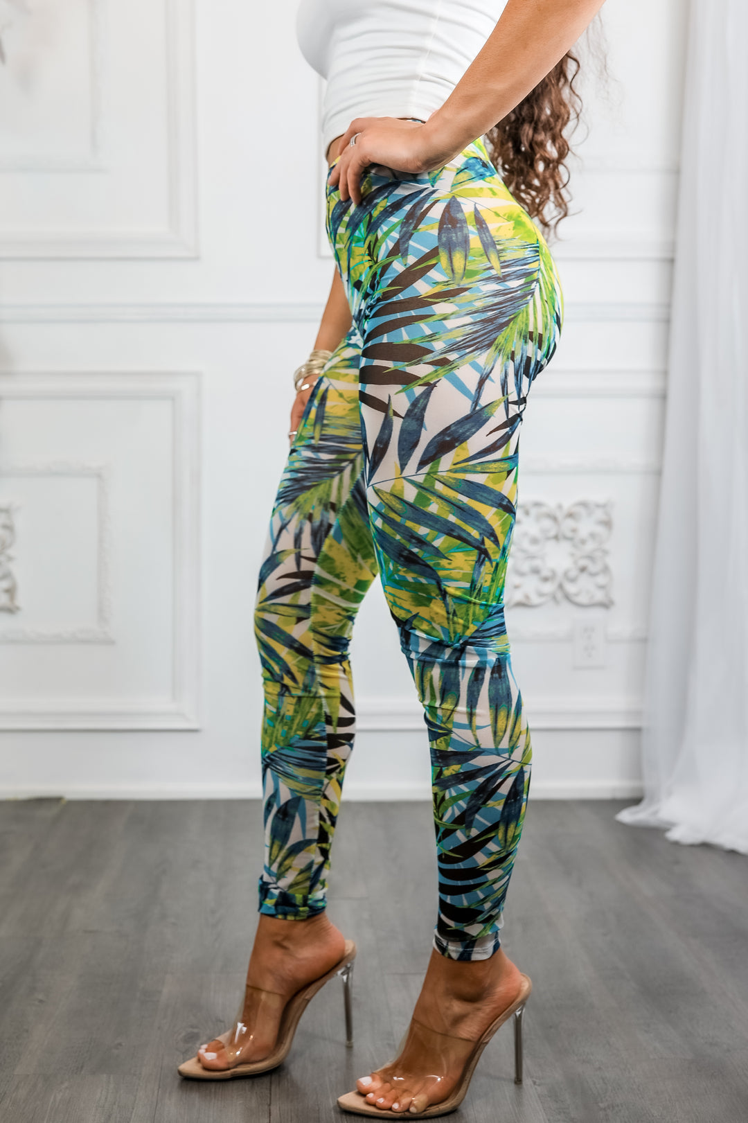 Tropical Mesh Leaf Print Leggings – High Waisted Sheer Stretch Pants