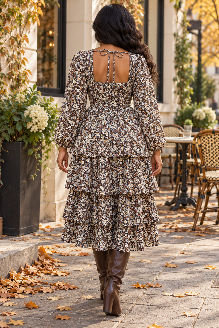 Tiered Floral Midi Dress – Brown Ditsy Long Sleeve Fall Dress