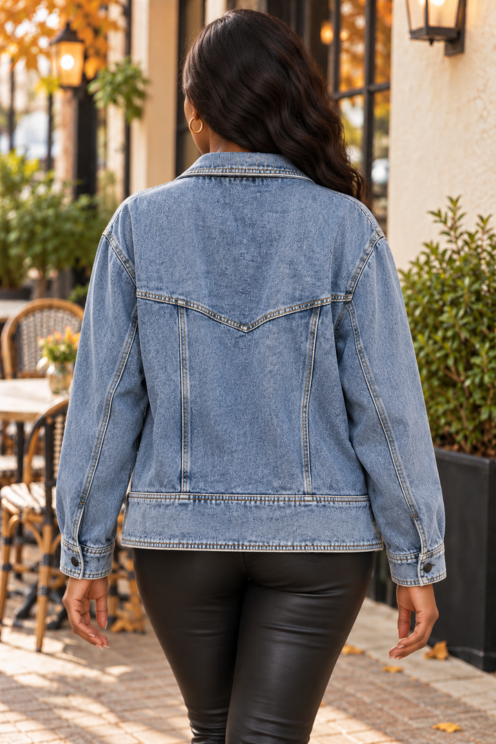 Double Breasted Acid Wash Denim Jacket – Blue Embroidered Collar