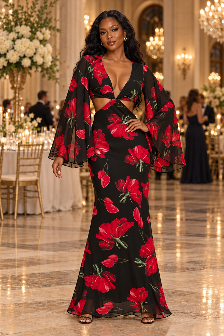 Floral Cutout Maxi Dress – Red Poppy Black Plunging V-Neck
