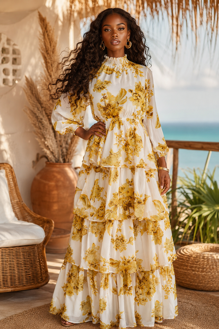 Marigold Floral Tiered Maxi Dress | High Neck Long Sleeve Boho Dress