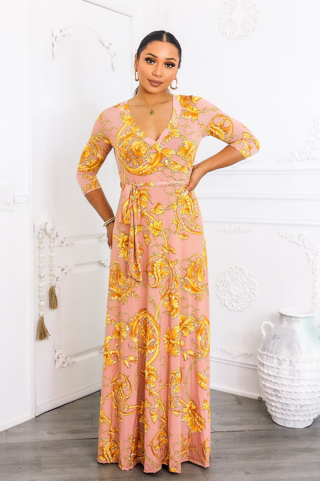 Blush Gold Wrap Maxi Dress | Elegant Long Sleeve Boho Dress