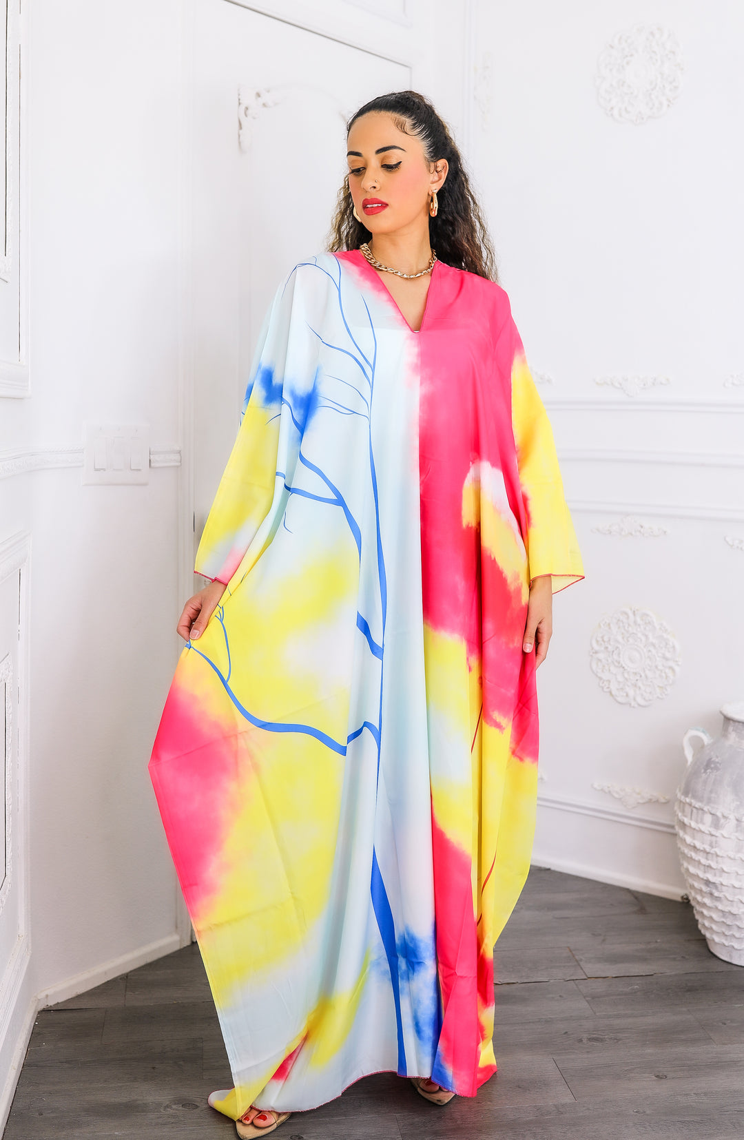 Colorburst Abstract Kimono Maxi Dress – Flowy V-Neck Style