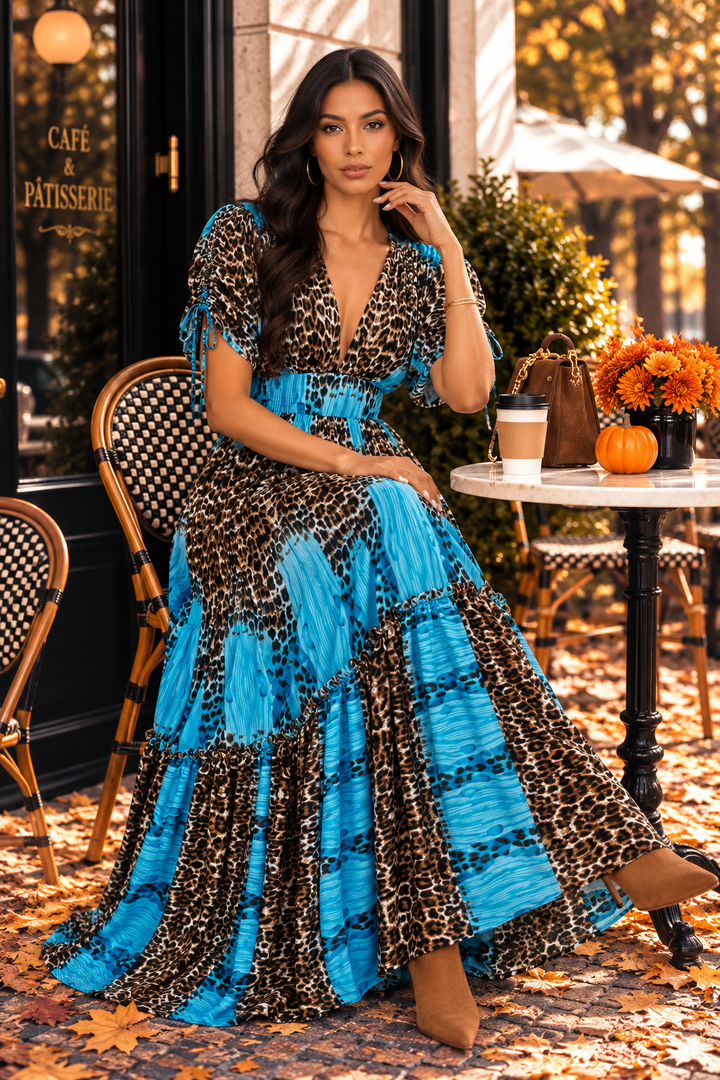 Rust Animal Print Dolman Sleeve Maxi Dress | Convertible Long-to-Sleeveless Tiered Dress