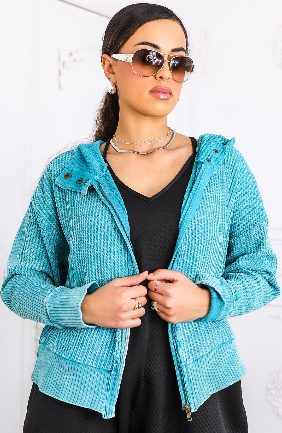 Mineral Wash Waffle Knit Zip Hoodie – Turquoise