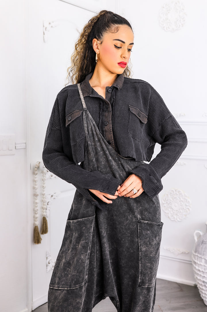 Textured Cropped Button-Up – Waffle Knit Utility Top Black