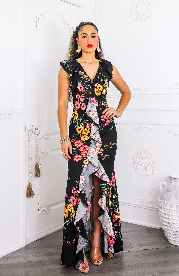 Two-Way Black Floral Ruffle Maxi Dress | SurelyMine