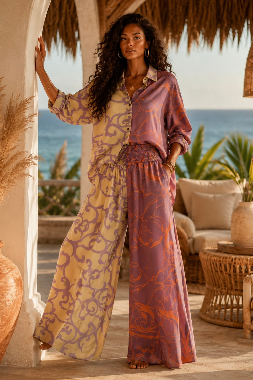 Printed Satin Shirt & Wide Leg Pant Set