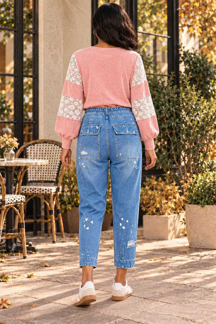 Paperbag Waist Jeans – Medium Wash Distressed Paint Splatter
