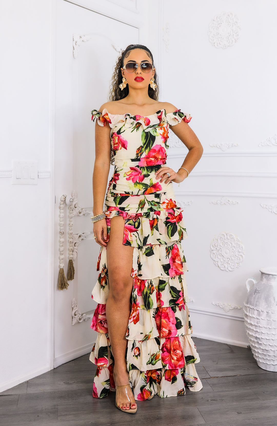 Ruffle it Up Floral High Slit Maxi Dress